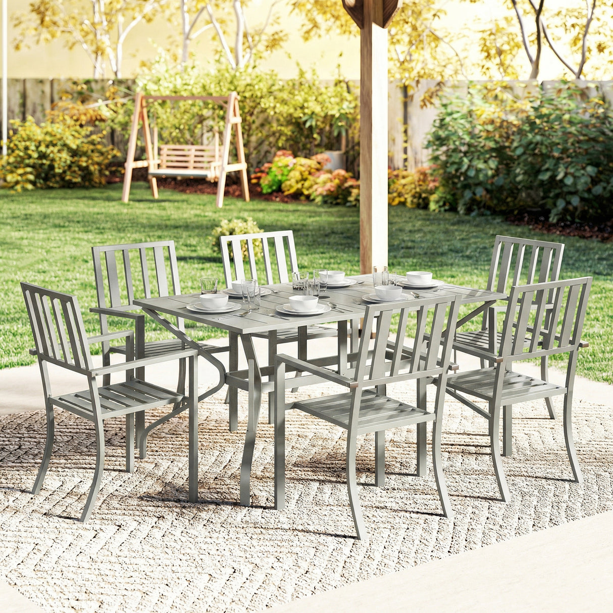 Steel 6 Seater Garden Dining Set With Parasol Hole for Poolside - Velmora