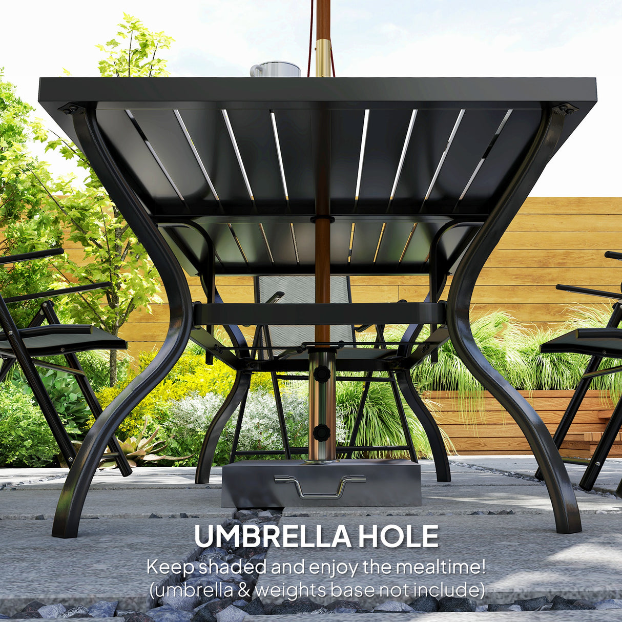 Steel 6 Seater Garden Dining Set With Parasol Hole and Texteline Fabric Chairs - Velmora