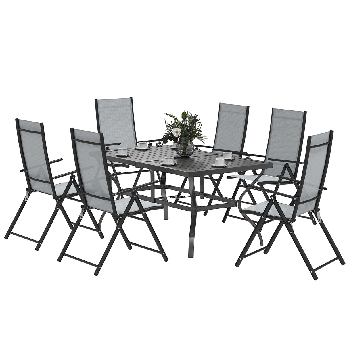 Steel 6 Seater Garden Dining Set With Parasol Hole and Texteline Fabric Chairs - Velmora