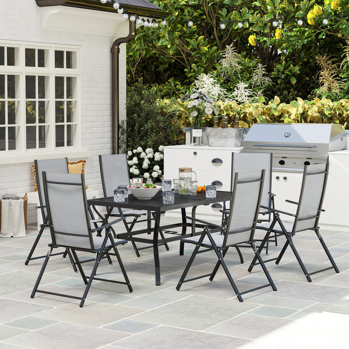 Steel 6 Seater Garden Dining Set With Parasol Hole and Texteline Fabric Chairs - Velmora