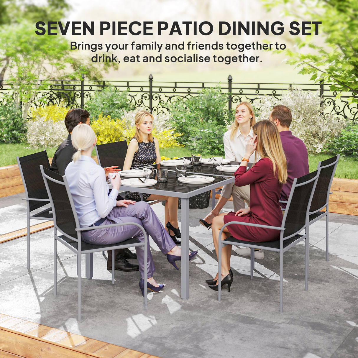 Steel 6 Seater Garden Dining Set With Table and 6 Stackable Chairs - Velmora