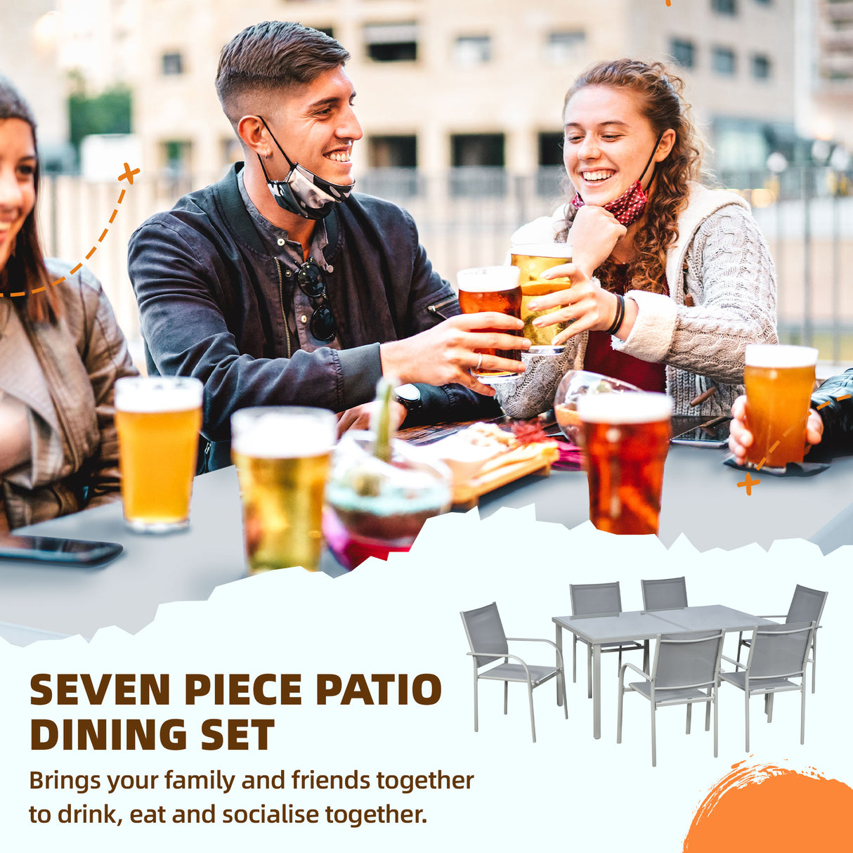 Steel 6 Seater Garden Dining Set With Table and 6 Stackable Chairs - Velmora