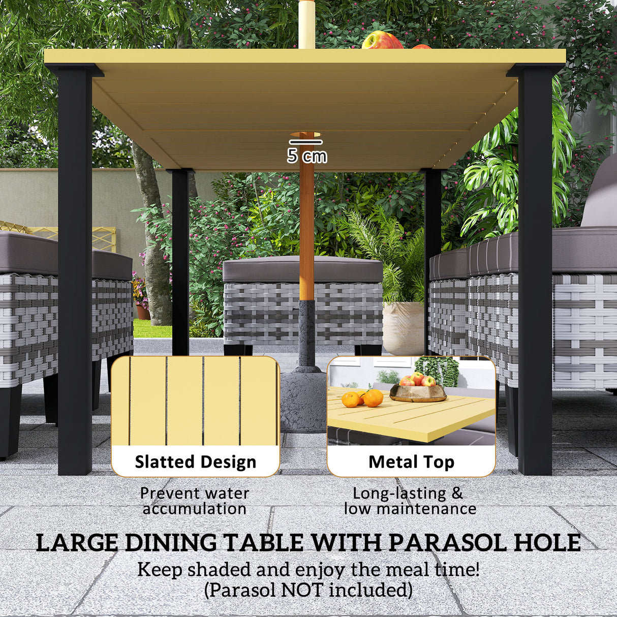 Steel 7 Pieces Garden Dining Set With 4 Poly Rattan Armchairs And 4 Footstools - Velmora