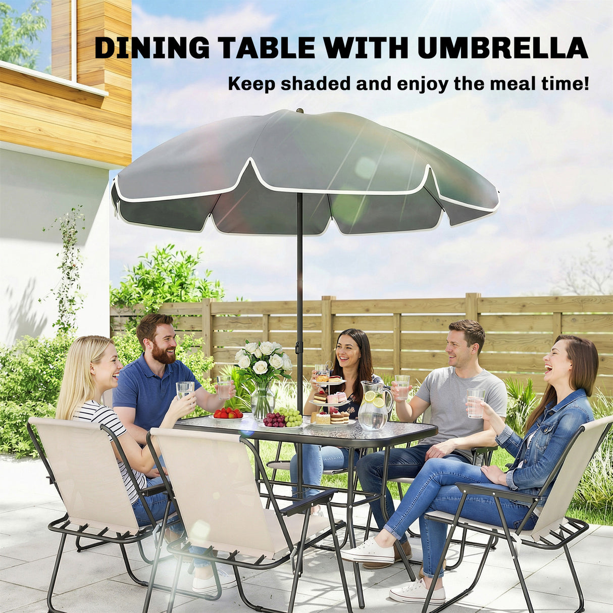 Steel 8 Piece Garden Dining Set With Parasol And 6 Folding Chairs - Velmora