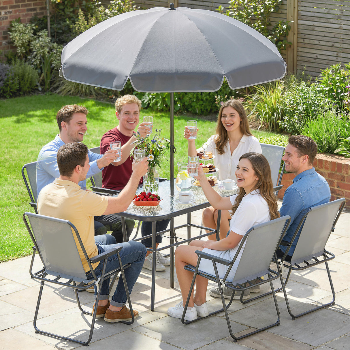 Steel 8 Piece Garden Dining Set With Parasol And 6 Folding Chairs - Velmora