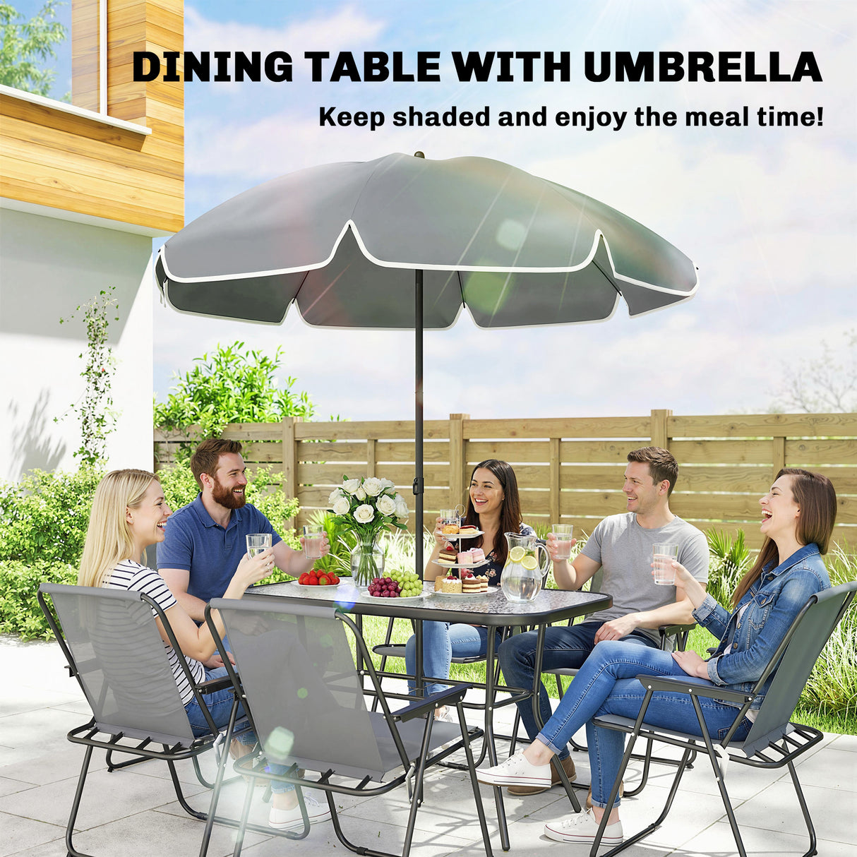 Steel 8 Piece Garden Dining Set With Parasol And 6 Folding Chairs - Velmora