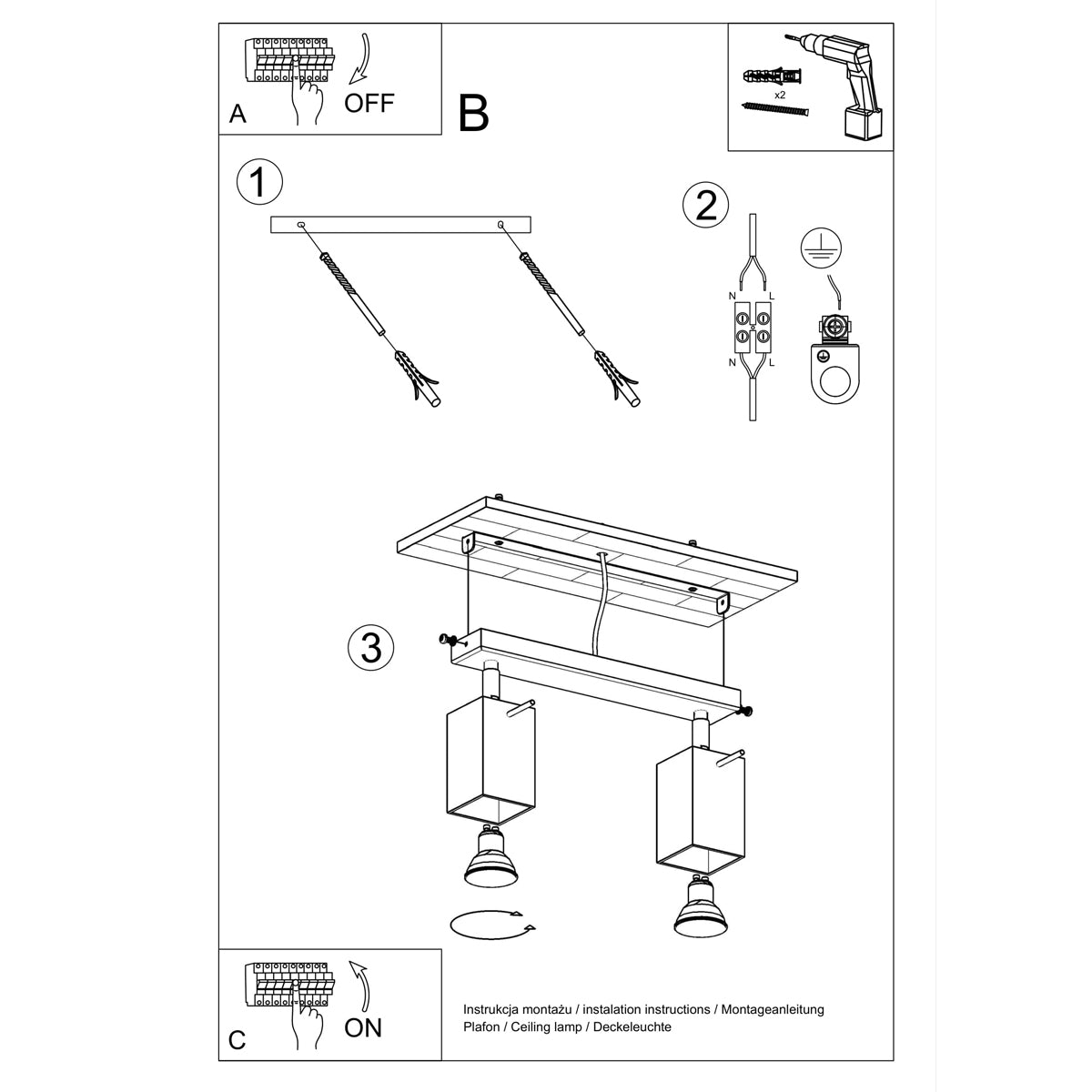 Steel Ceiling Light With 2 Merida Lamps - Bittersweet Shimmer