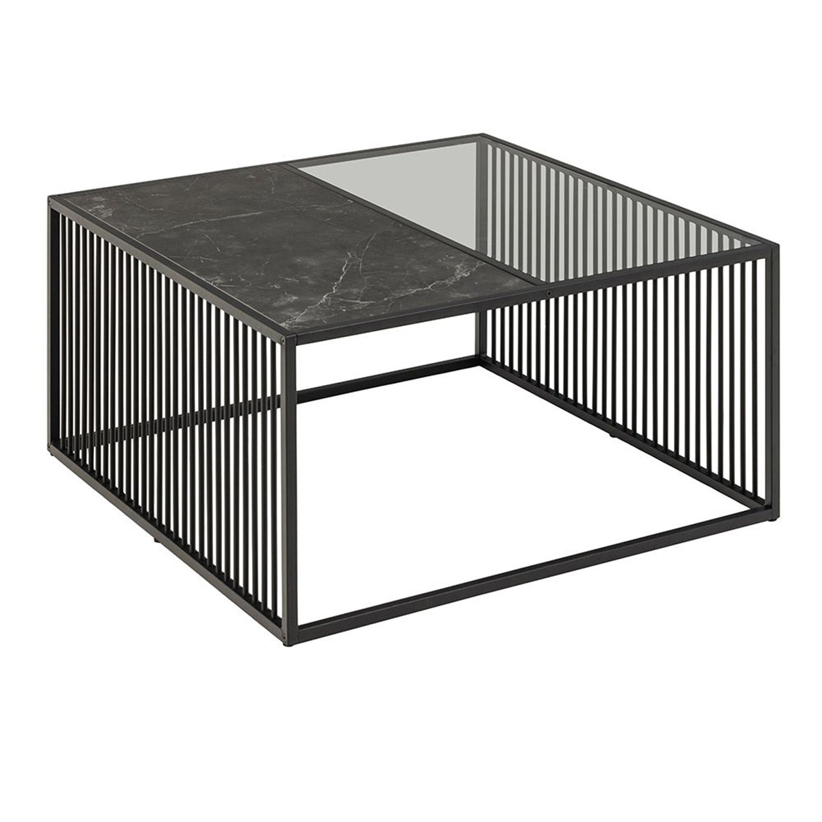 Steel Coffee Table Square With Wooden Marble Effect And Glass Top - Strington