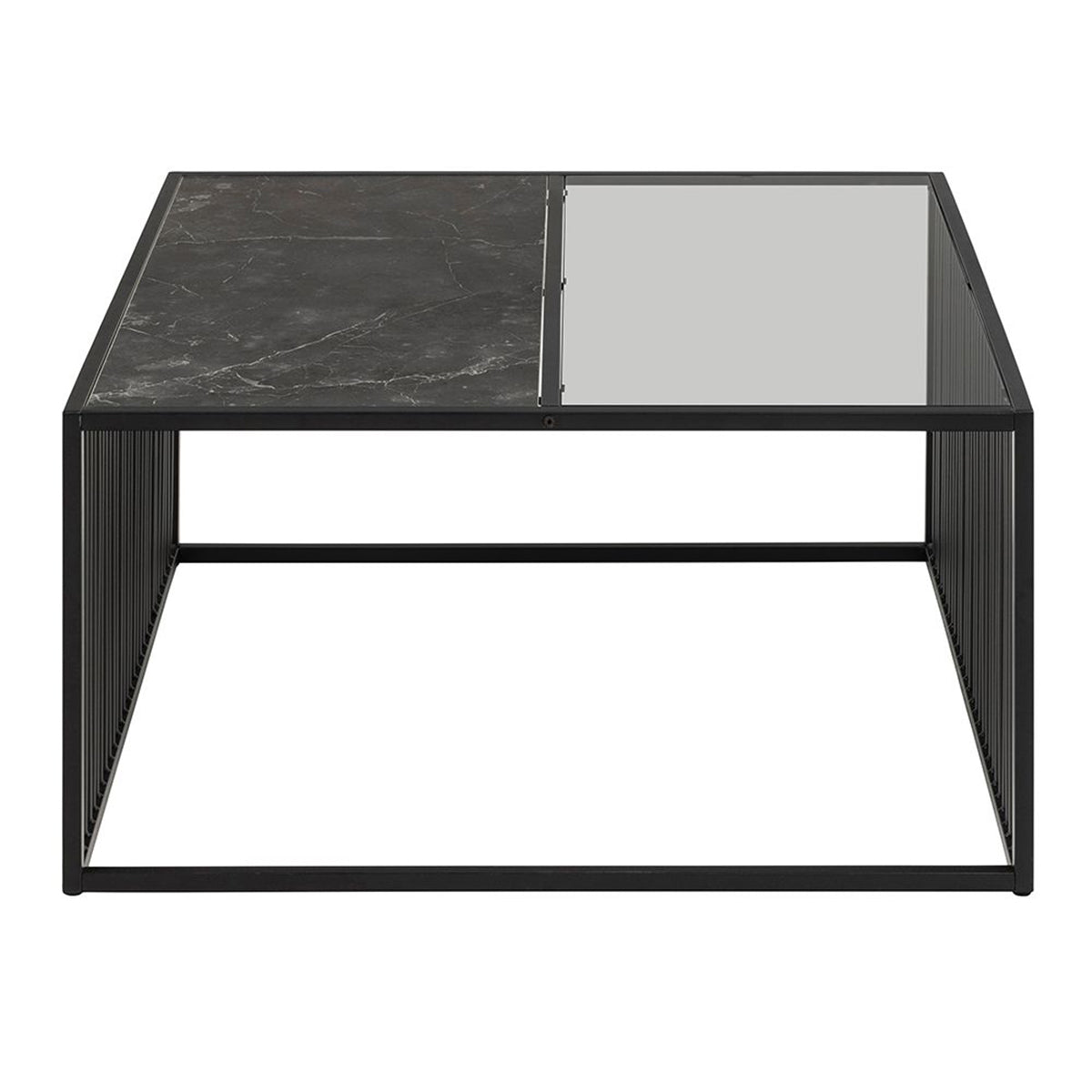 Steel Coffee Table Square With Wooden Marble Effect And Glass Top - Strington