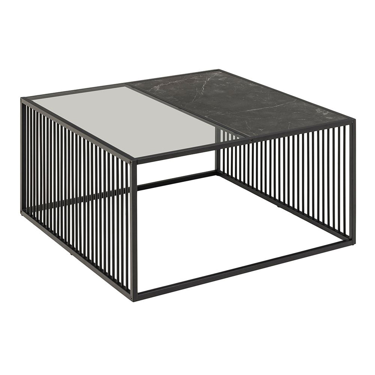 Steel Coffee Table Square With Wooden Marble Effect And Glass Top - Strington