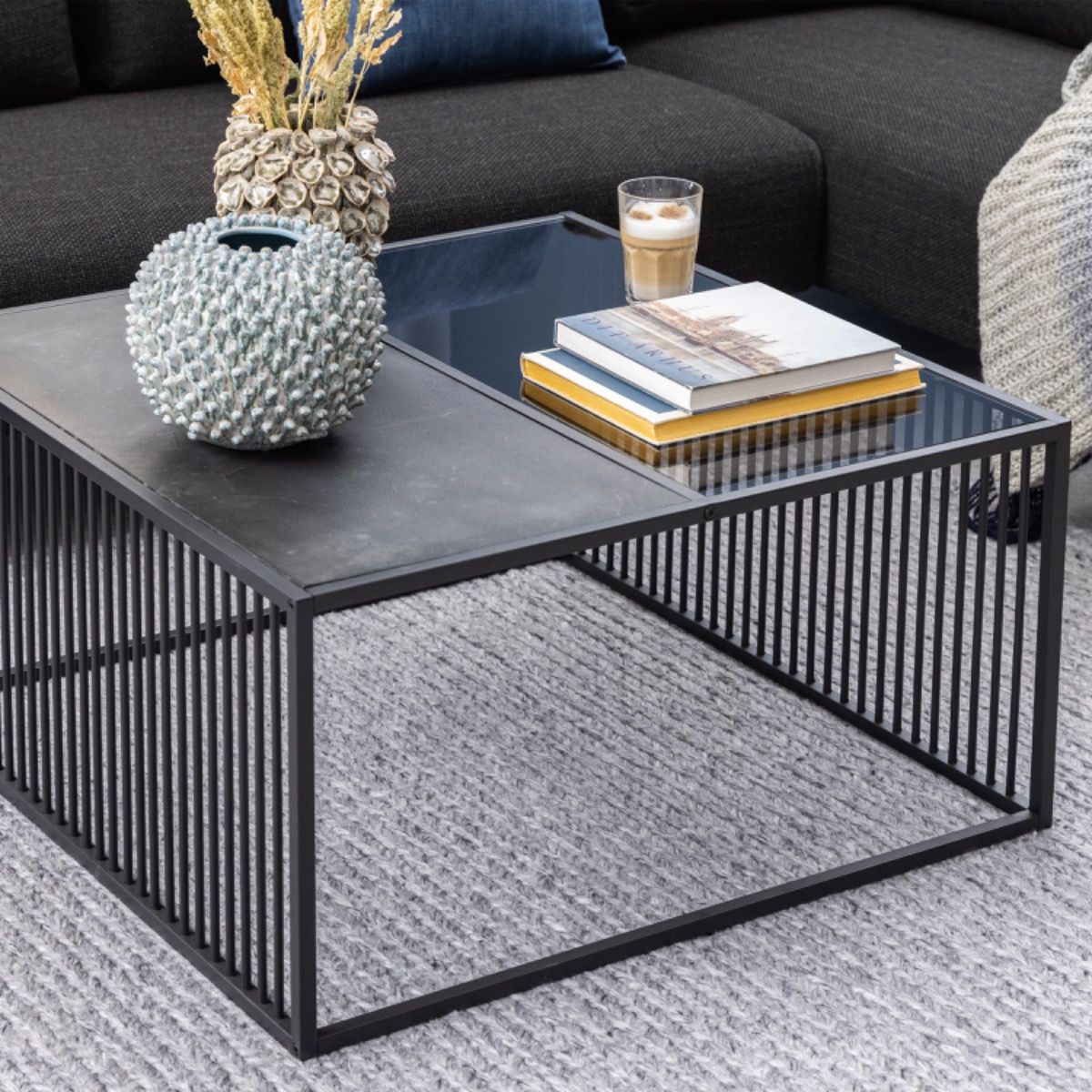 Steel Coffee Table Square With Wooden Marble Effect And Glass Top - Strington