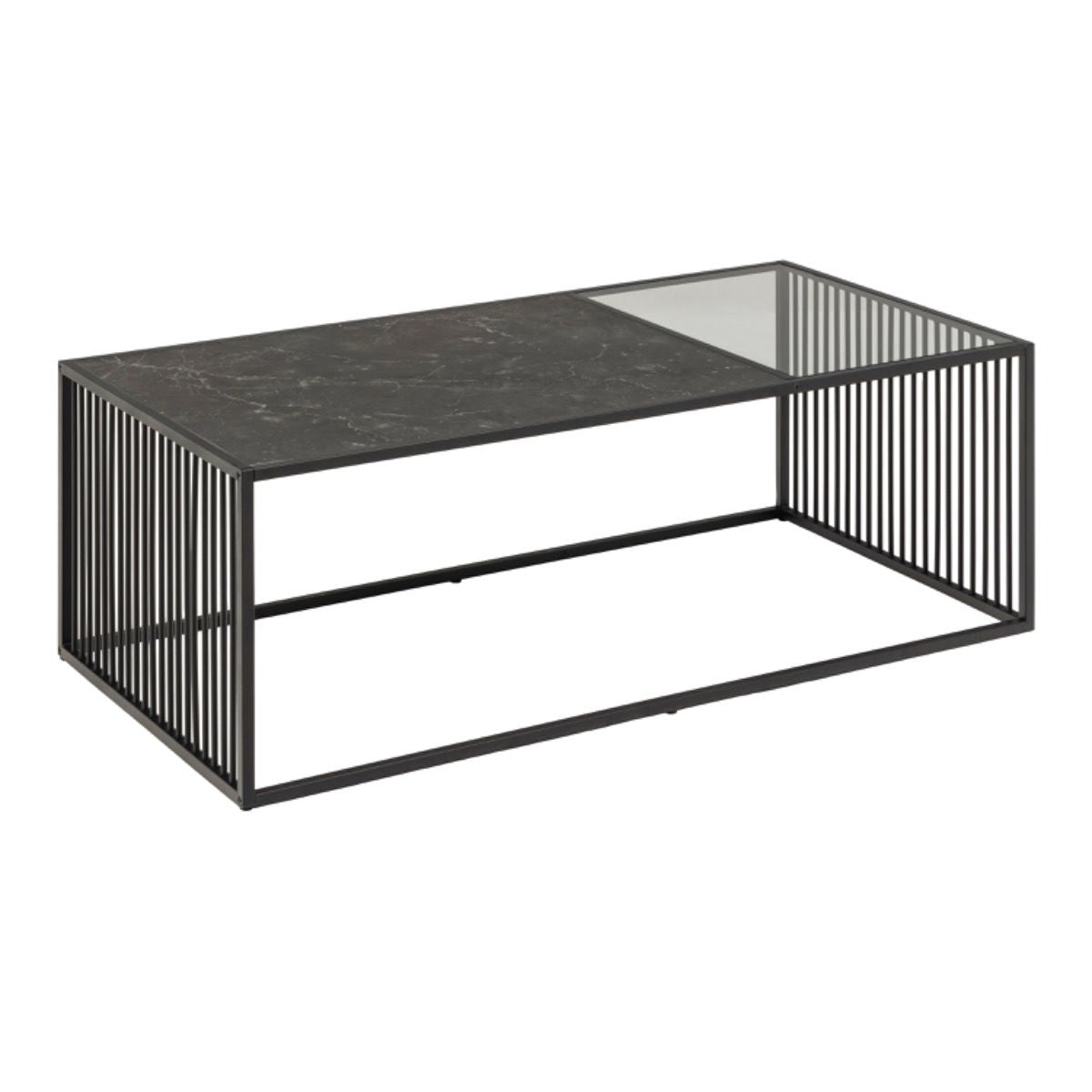 Steel Coffee Table With Wooden Marble Effect And Glass Top - Strington