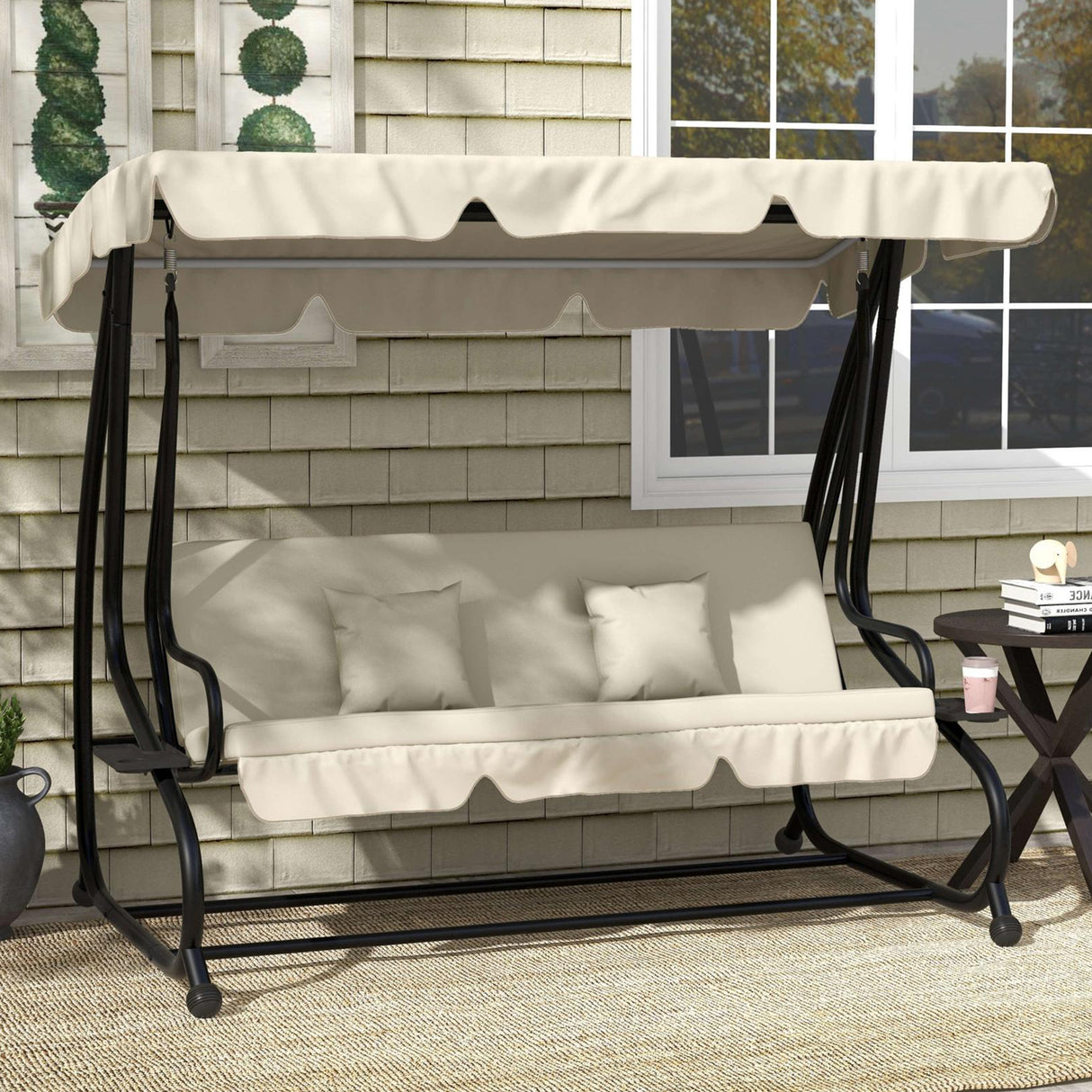 Steel Convertible 3 Seater Garden Swing Chair Bed With Adjustable Canopy - Velmora