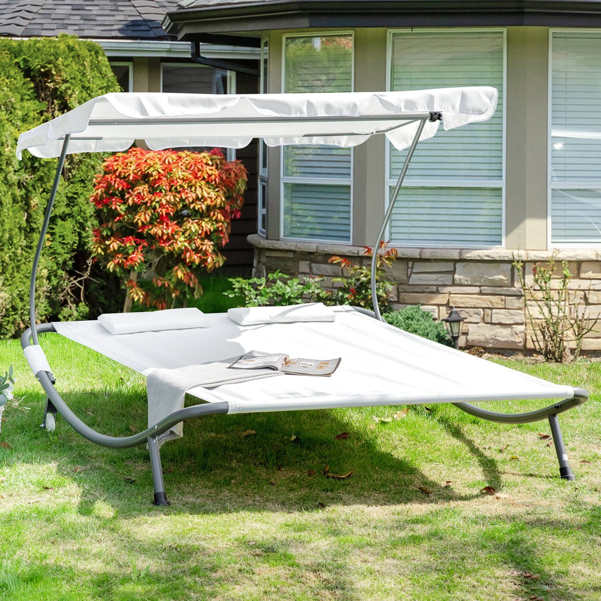 Steel Double Garden Sun Lounger With Adjustable Detachable Canopy - Velmora
