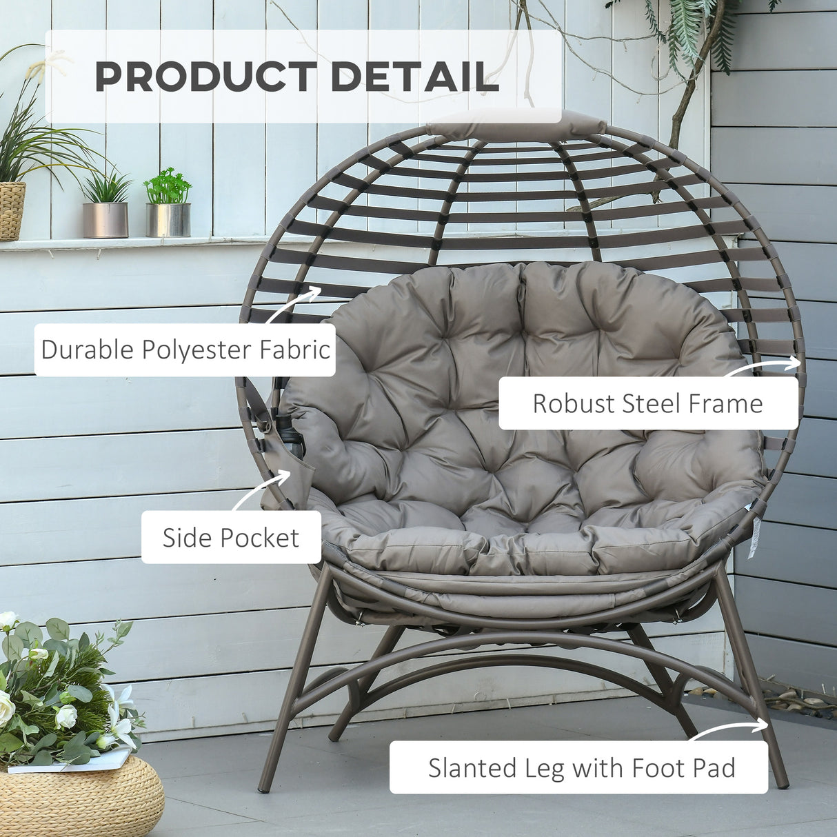 Steel Egg Chair With Cushion and Side Pocket - Velmora