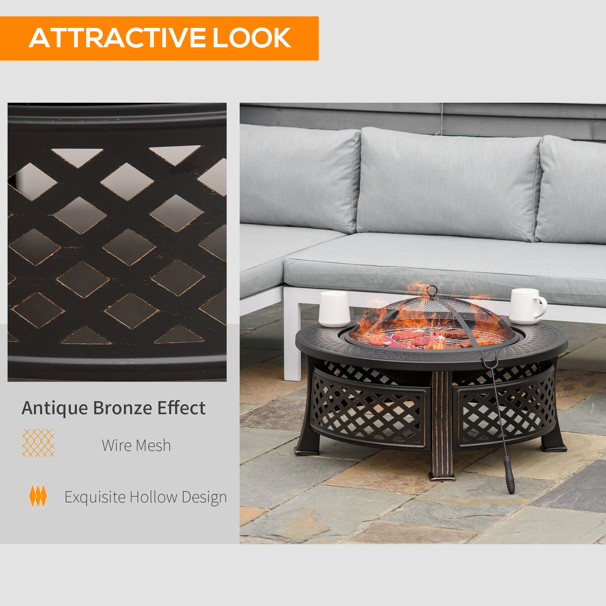 Steel Fire Pit With Grill Net And Mesh Lid for Camping - Velmora