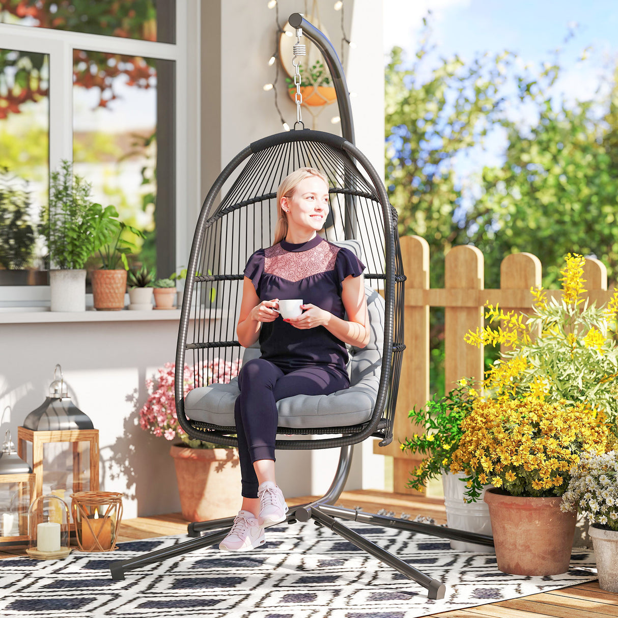 Steel Foldable Rattan Swing Egg Chair With Stand And Cushion - Velmora