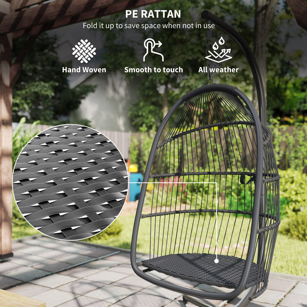 Steel Foldable Rattan Swing Egg Chair With Stand And Cushion - Velmora
