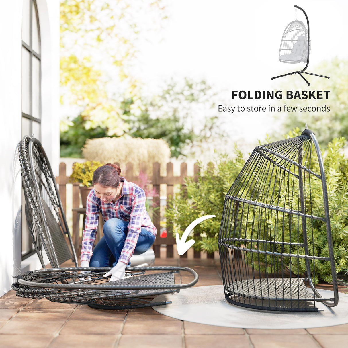 Steel Foldable Rattan Swing Egg Chair With Stand And Cushion - Velmora