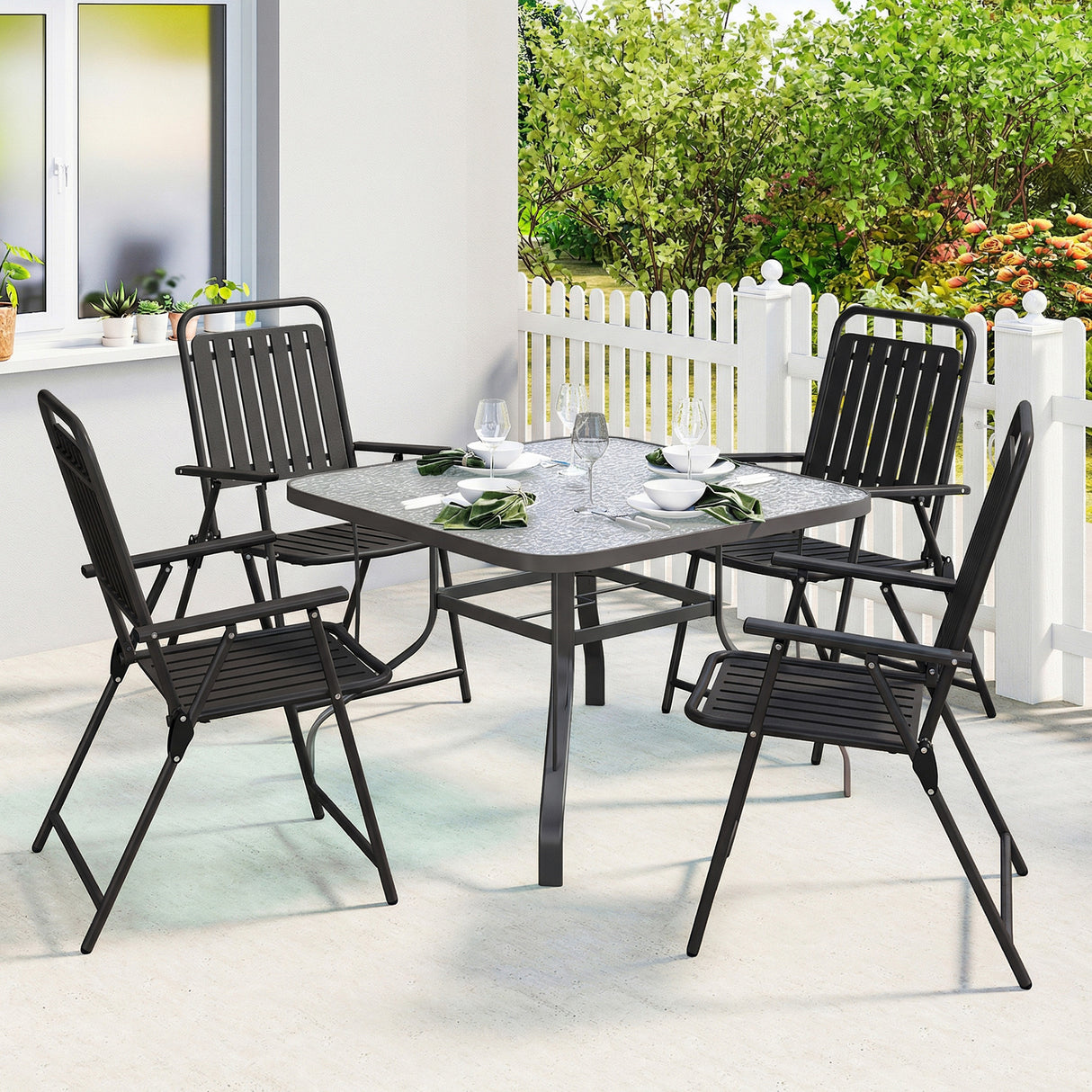 Steel Folding Garden Chairs in Set of 4 With Plastic Slatted Seat Back - Velmora