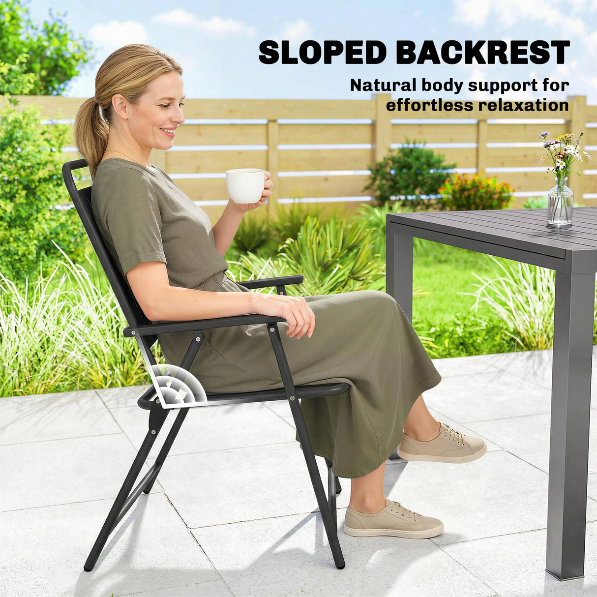 Steel Folding Garden Chairs in Set of 4 With Plastic Slatted Seat Back - Velmora