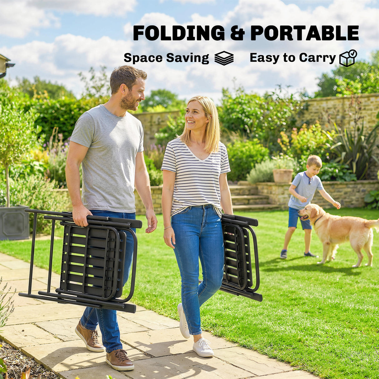 Steel Folding Garden Chairs in Set of 4 With Plastic Slatted Seat Back - Velmora