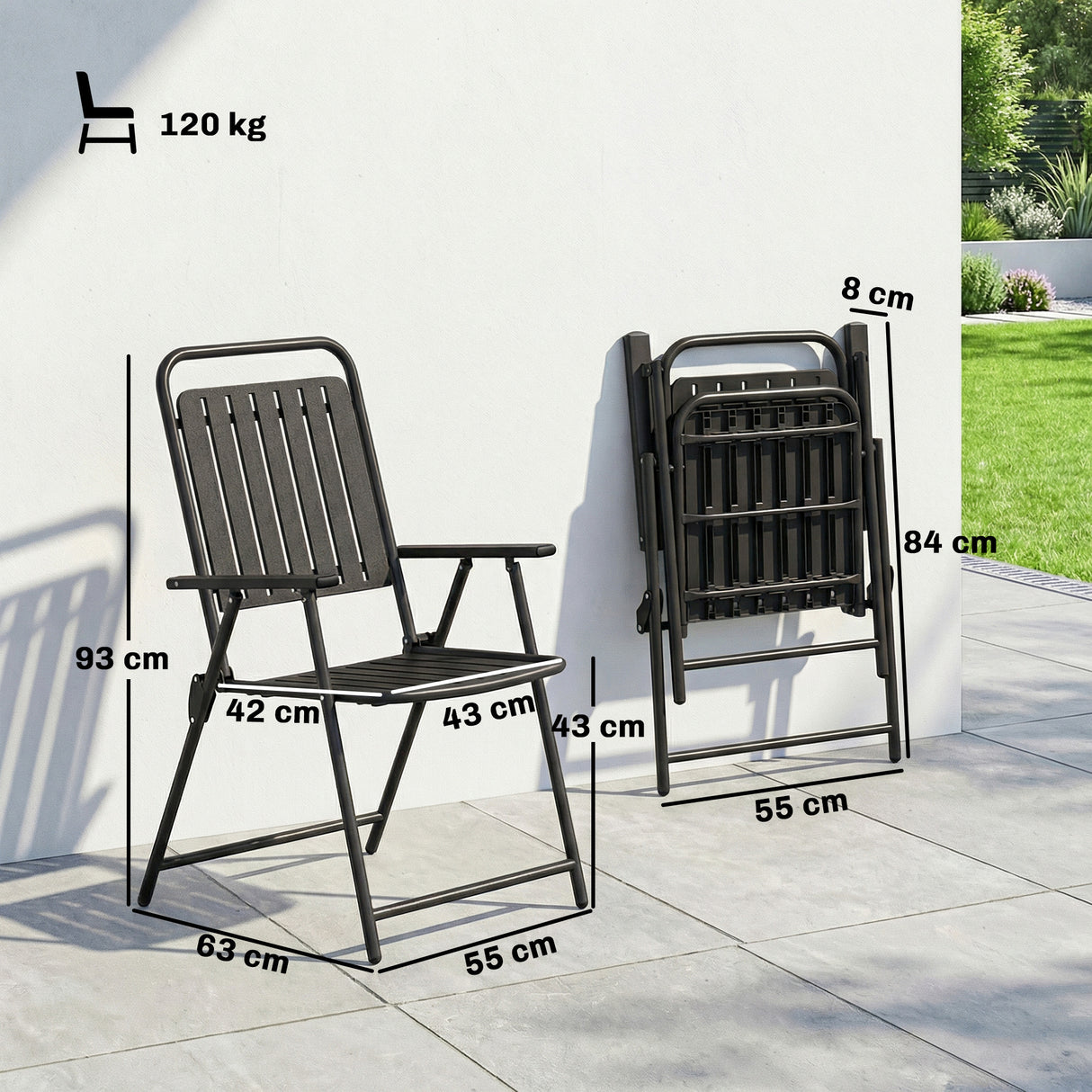 Steel Folding Garden Chairs in Set of 4 With Plastic Slatted Seat Back - Velmora
