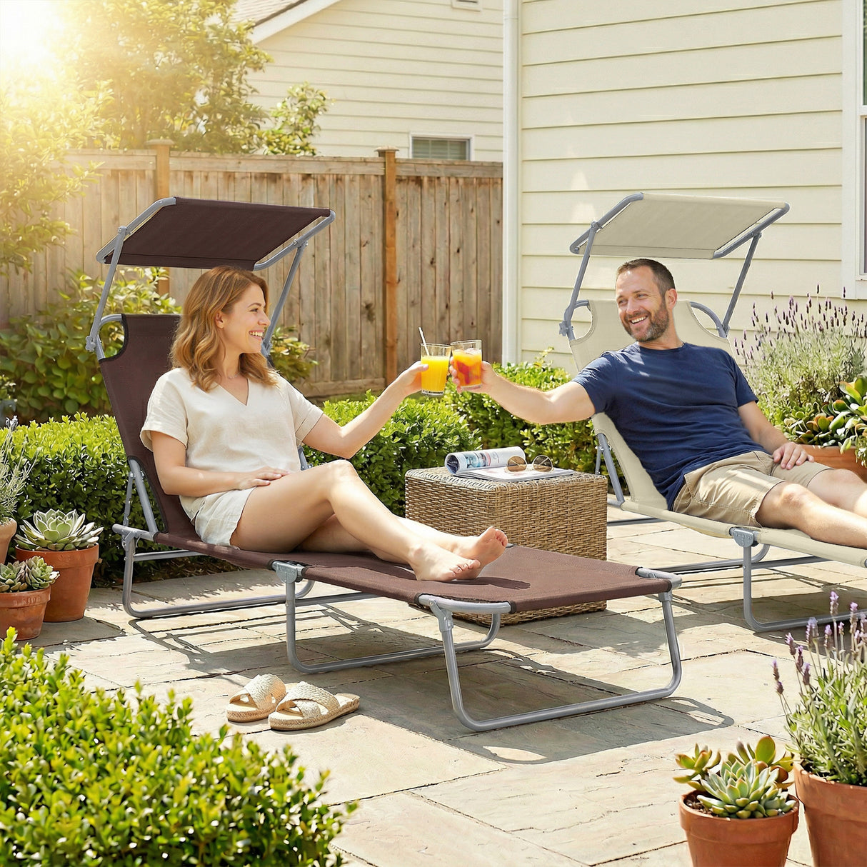 Steel Folding Reclining Garden Sun Lounger With Canopy - Velmora