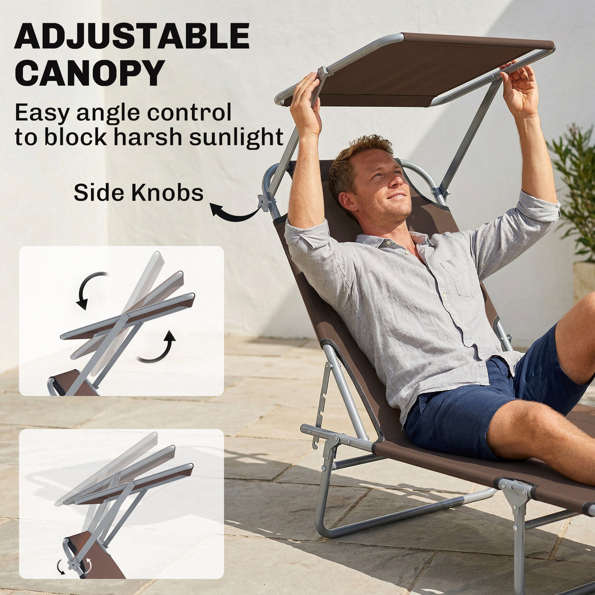 Steel Folding Reclining Garden Sun Lounger With Canopy - Velmora