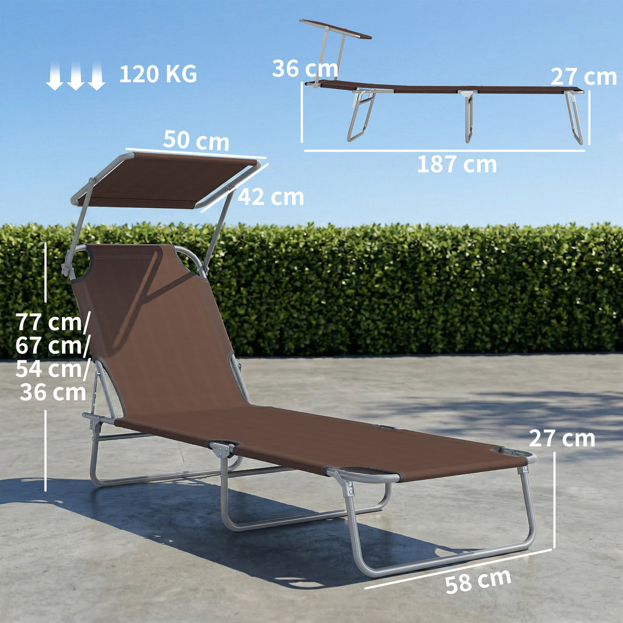 Steel Folding Reclining Garden Sun Lounger With Canopy - Velmora