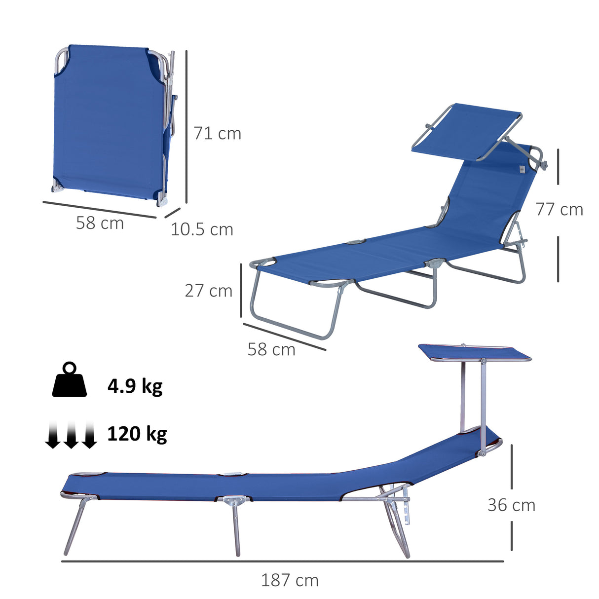 Steel Folding Reclining Garden Sun Lounger With Canopy - Velmora
