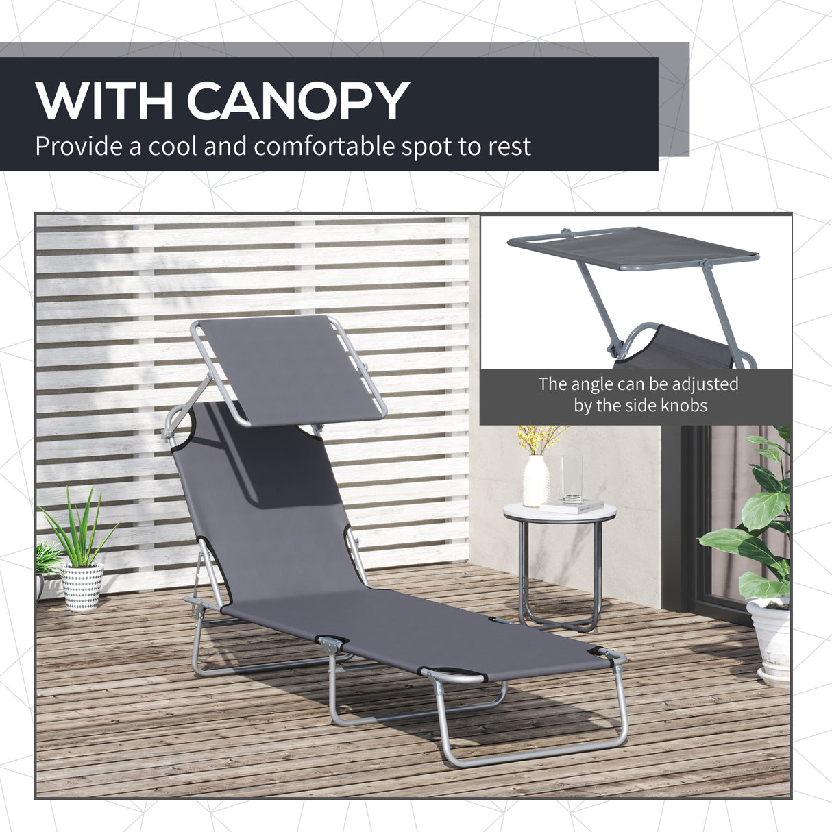 Steel Folding Reclining Garden Sun Lounger With Canopy - Velmora