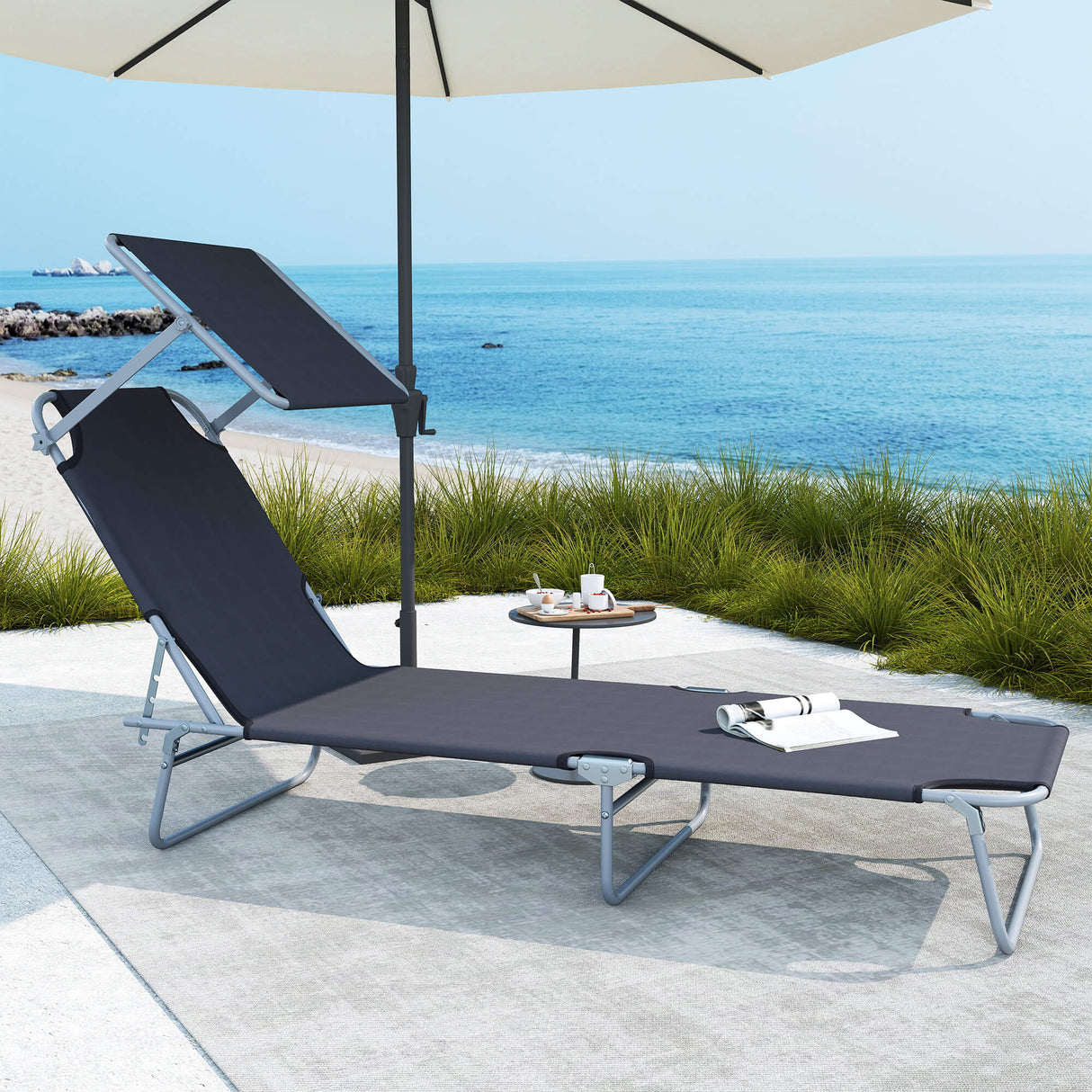 Steel Folding Reclining Garden Sun Lounger With Canopy - Velmora