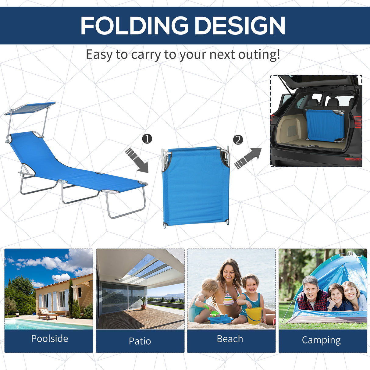 Steel Folding Reclining Garden Sun Lounger With Canopy - Velmora