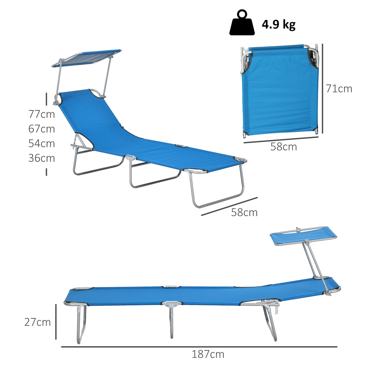 Steel Folding Reclining Garden Sun Lounger With Canopy - Velmora