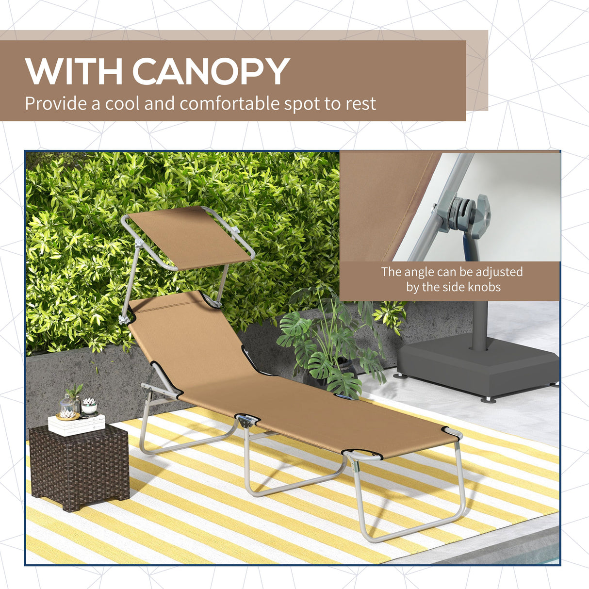 Steel Folding Reclining Garden Sun Lounger With Canopy - Velmora
