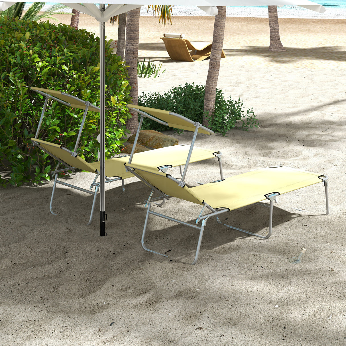 Steel Folding Reclining Garden Sun Lounger in Set of 2 With Canopy - Velmora
