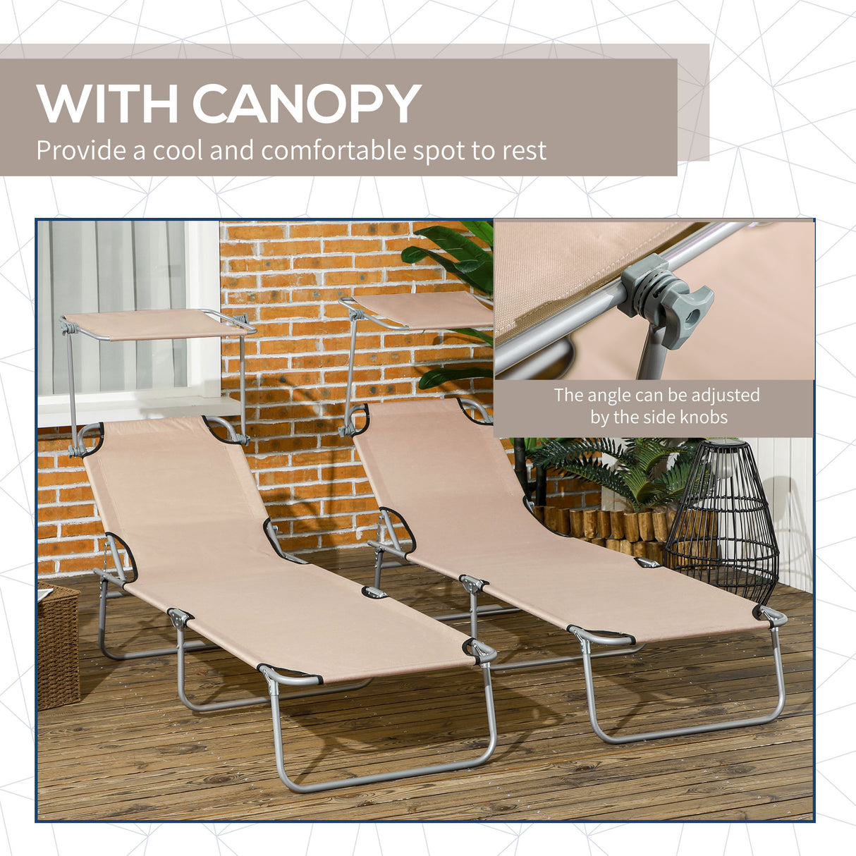 Steel Folding Reclining Garden Sun Lounger in Set of 2 With Canopy - Velmora