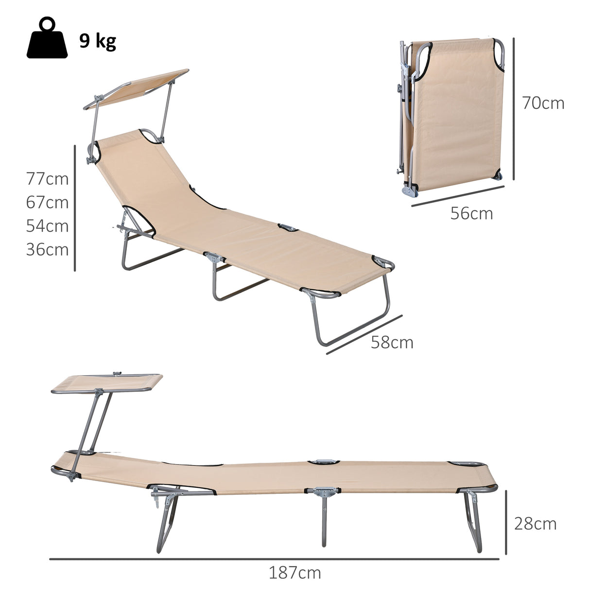 Steel Folding Reclining Garden Sun Lounger in Set of 2 With Canopy - Velmora