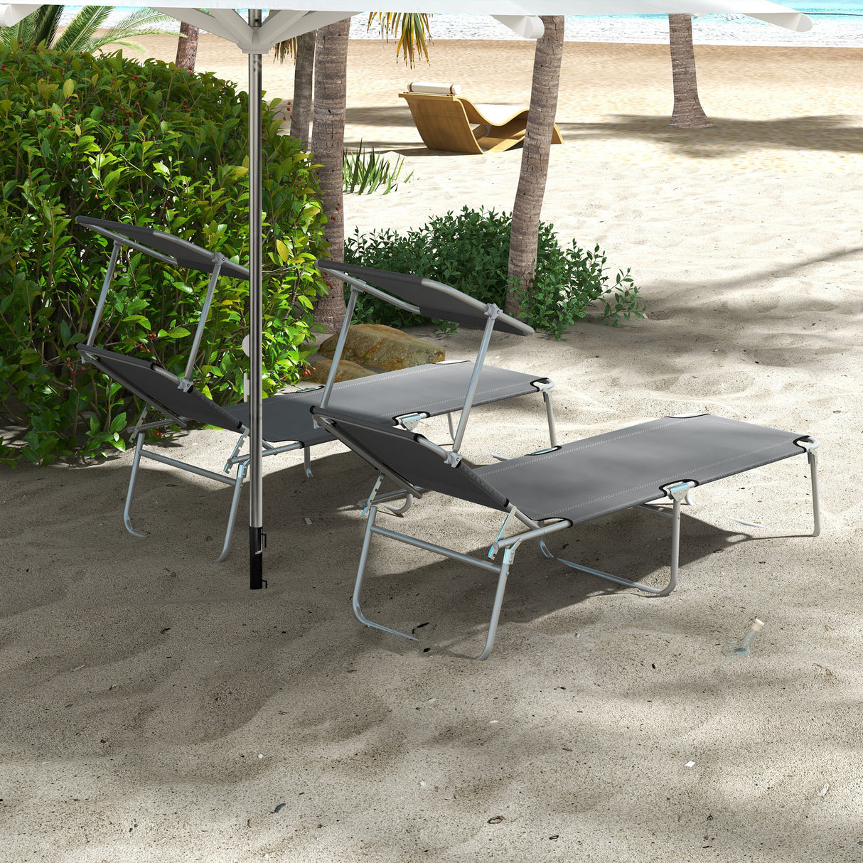 Steel Folding Reclining Garden Sun Lounger in Set of 2 With Canopy - Velmora