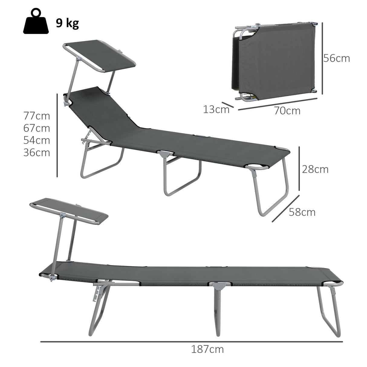 Steel Folding Reclining Garden Sun Lounger in Set of 2 With Canopy - Velmora