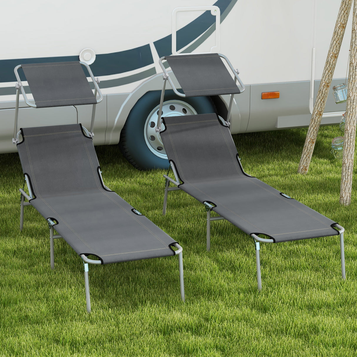 Steel Folding Reclining Garden Sun Lounger in Set of 2 With Canopy - Velmora