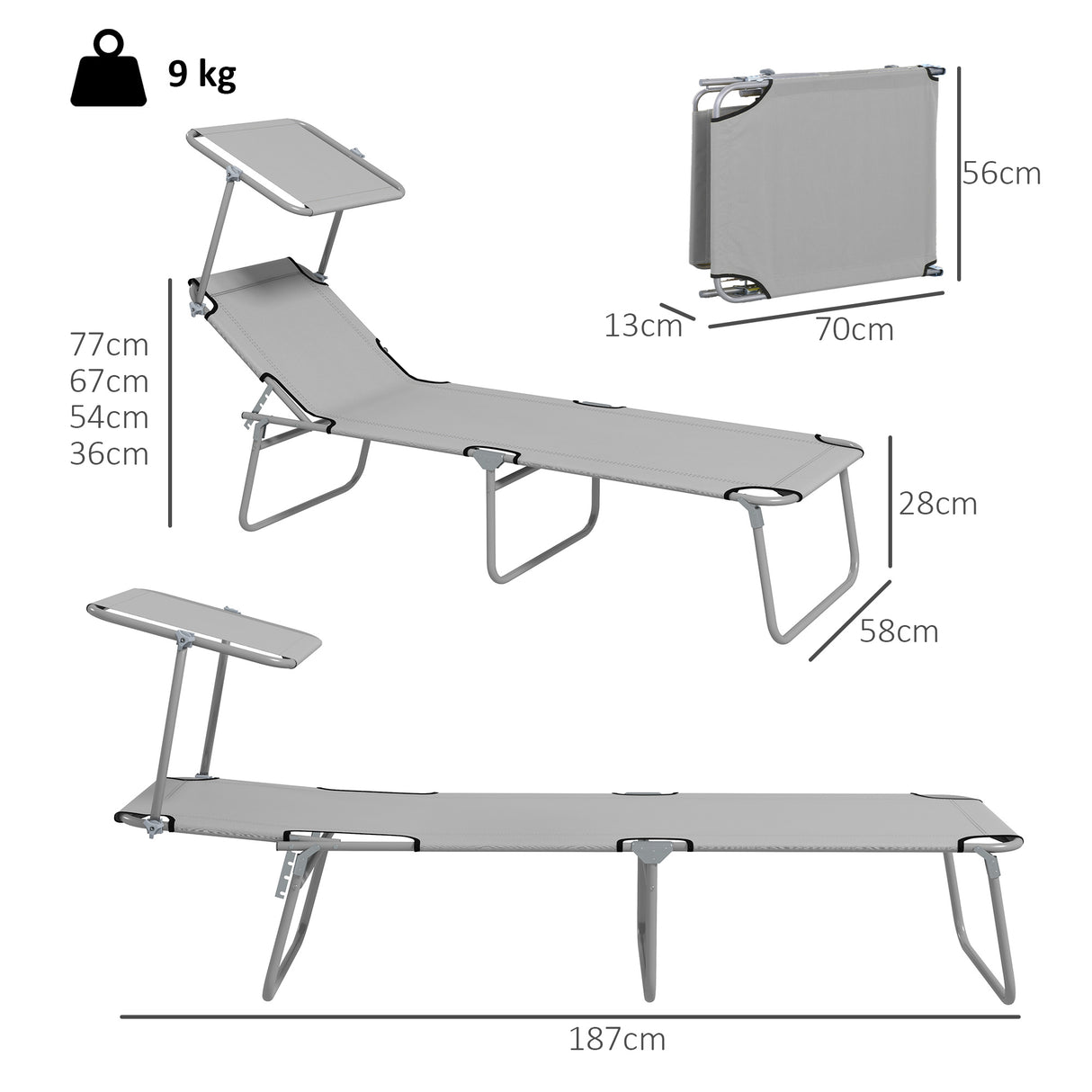 Steel Folding Reclining Garden Sun Lounger in Set of 2 With Canopy - Velmora