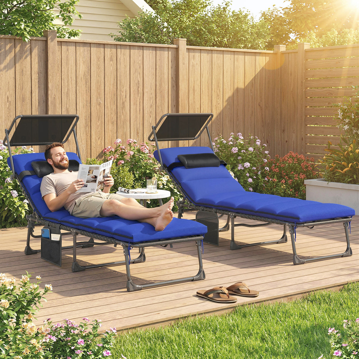 Steel Folding Reclining Garden Sun Loungers in Set of 2 With Canopy - Velmora