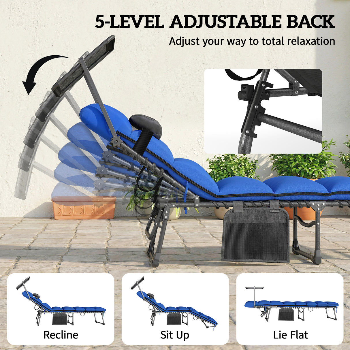 Steel Folding Reclining Garden Sun Loungers in Set of 2 With Canopy - Velmora