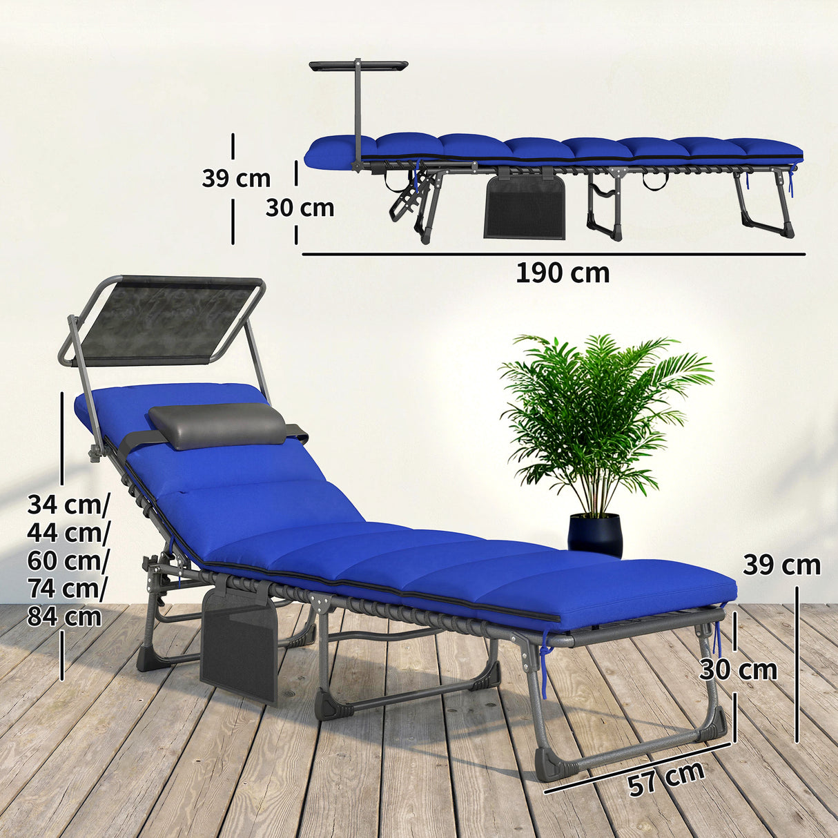 Steel Folding Reclining Garden Sun Loungers in Set of 2 With Canopy - Velmora