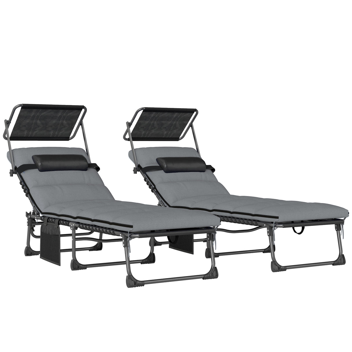 Steel Folding Reclining Garden Sun Loungers in Set of 2 With Canopy - Velmora