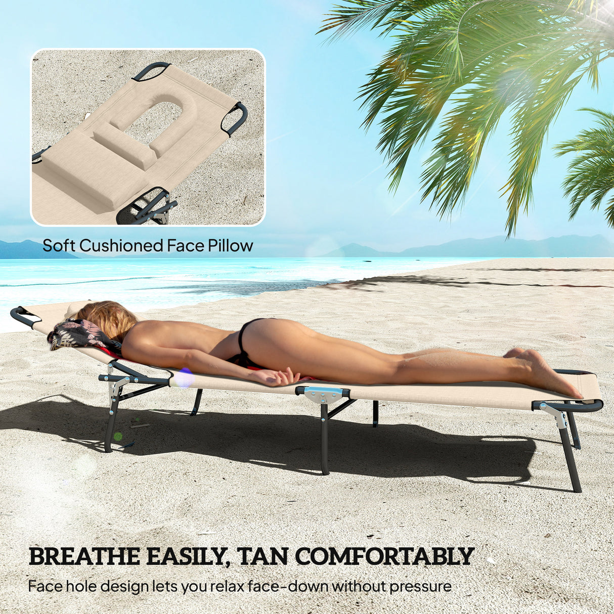 Steel Folding Sun Lounger With Face Hole And 4-Position Adjustable Backrest - Velmora
