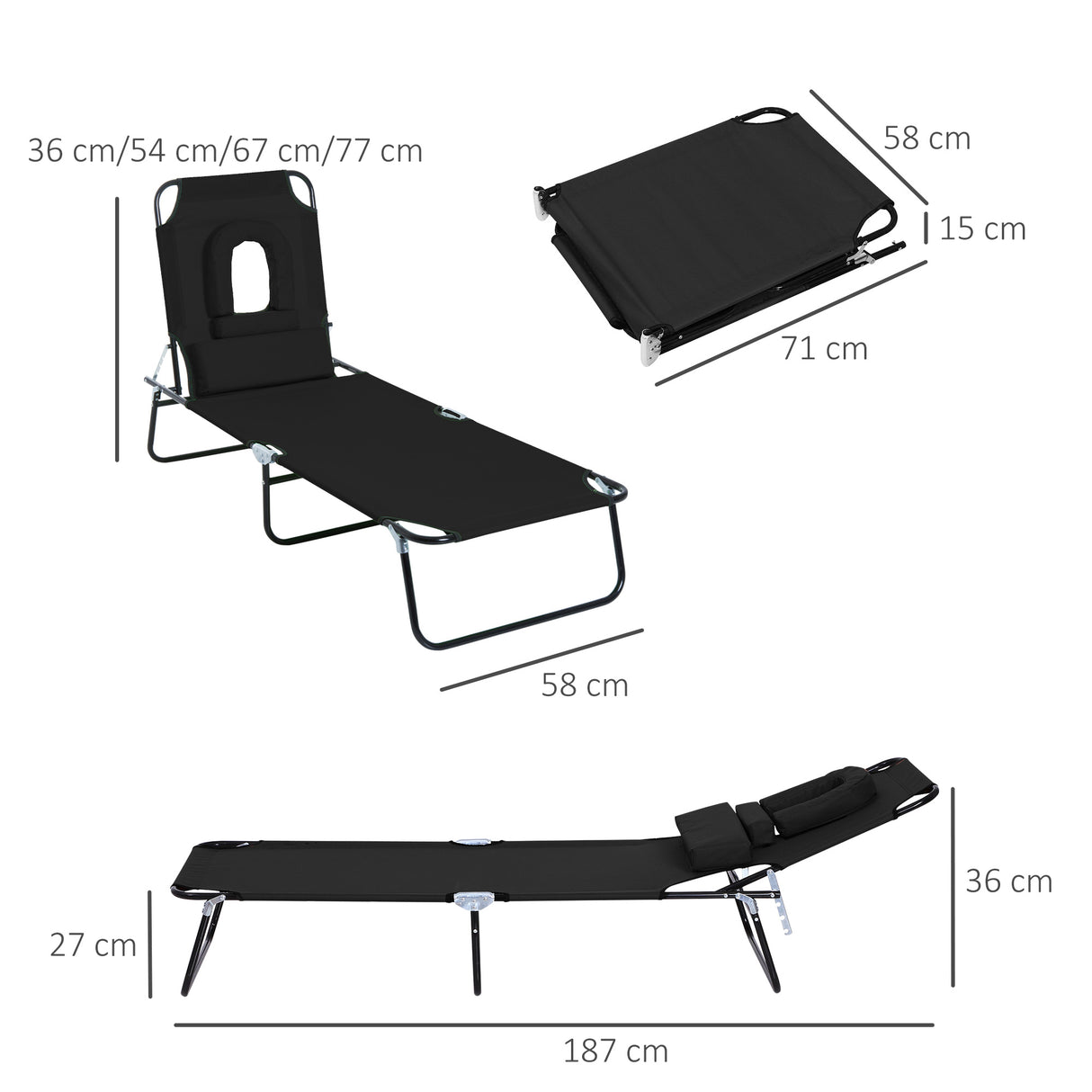 Steel Folding Sun Lounger With Face Hole And 4-Position Adjustable Backrest - Velmora