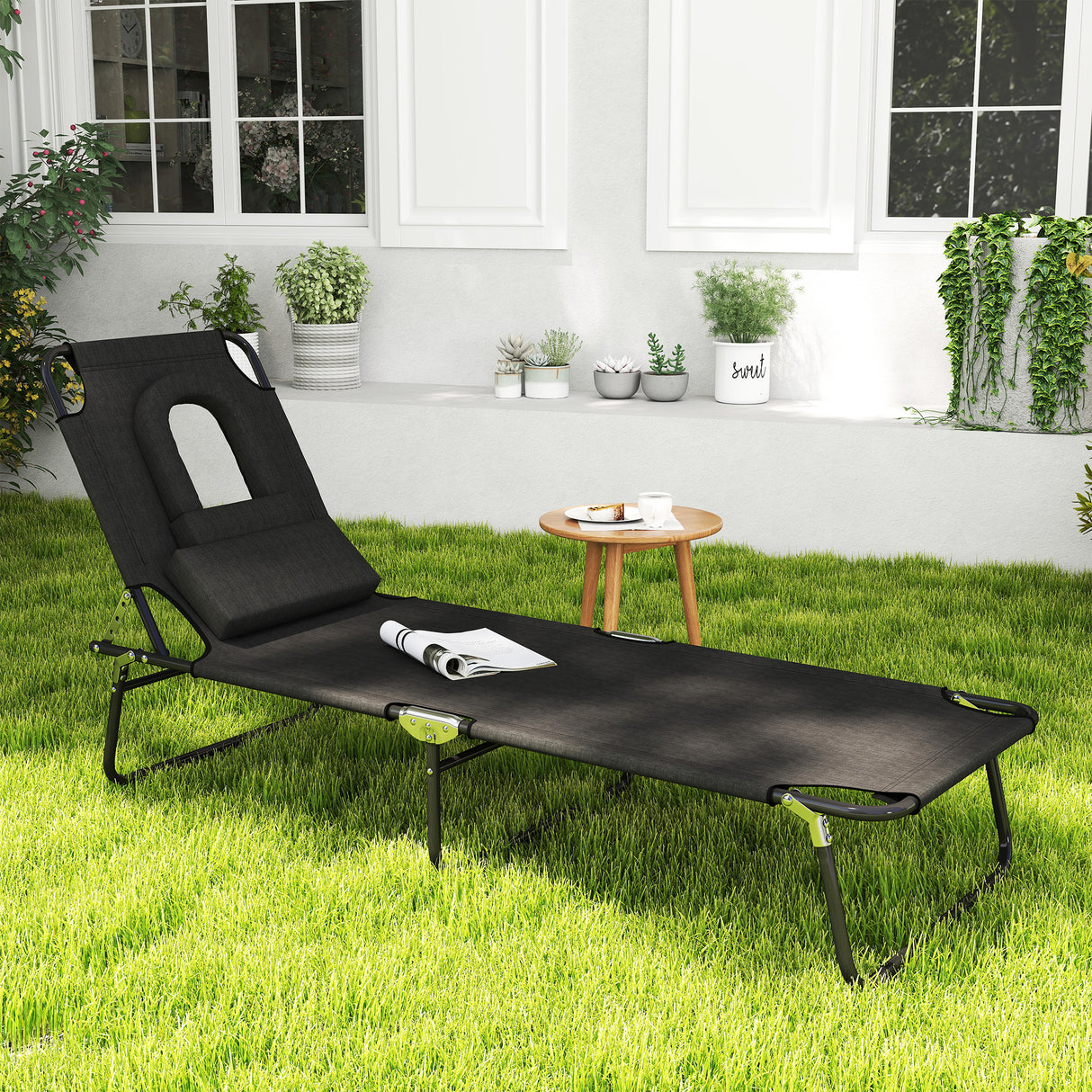 Steel Folding Sun Lounger With Face Hole And 4-Position Adjustable Backrest - Velmora